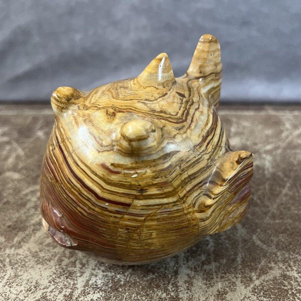 Hand Carved Banded Onyx Pufferfish Figurine Brown Tan Polished Stone Decor